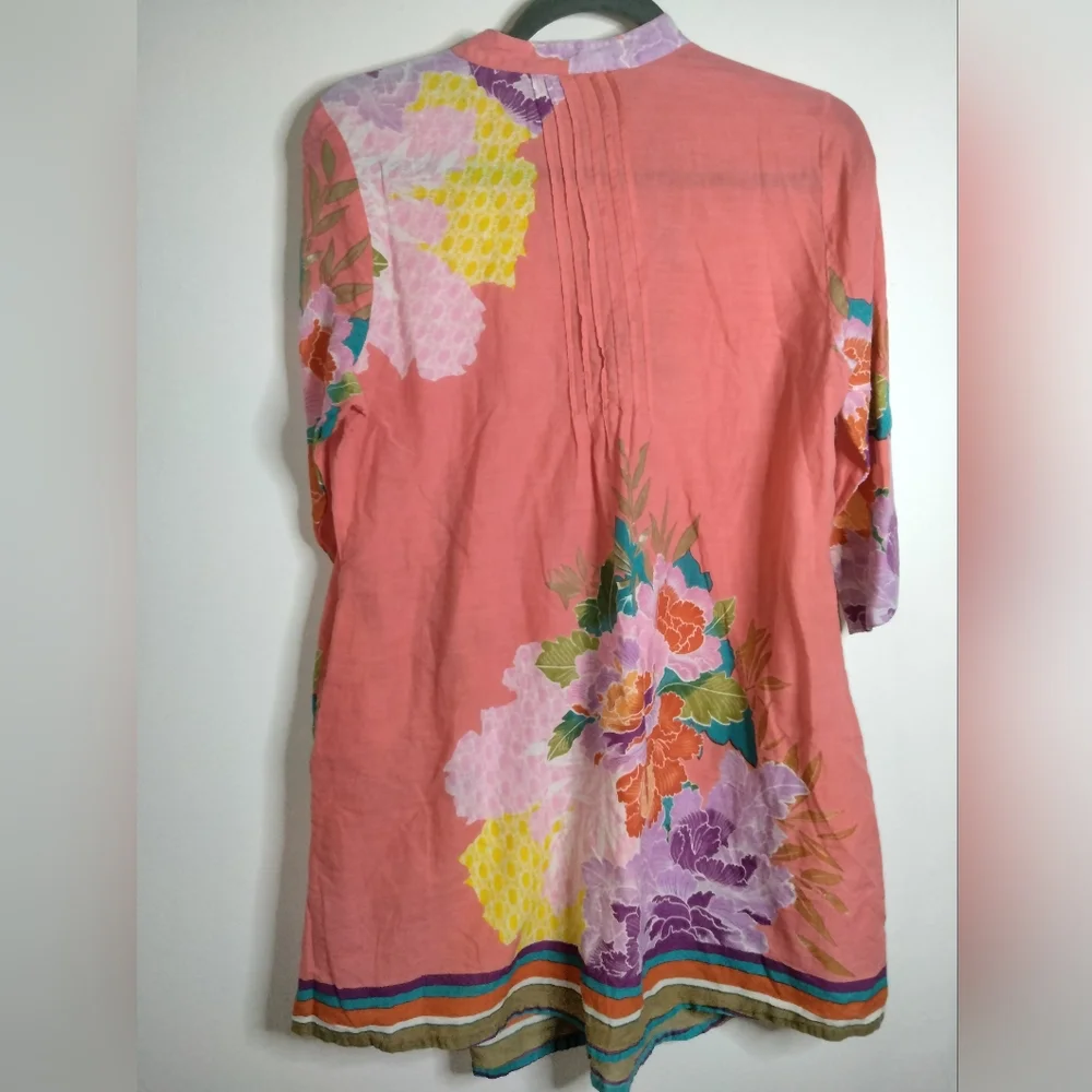 Sundance (Size M) Multicolored Floral Cotton Button Down Front Half Sleeve Tunic